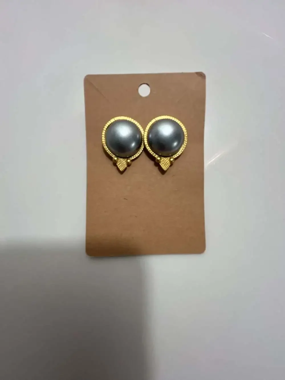 Vintage Nolan Miller Faux Gray Pearl Gold Tone Stud Earrings